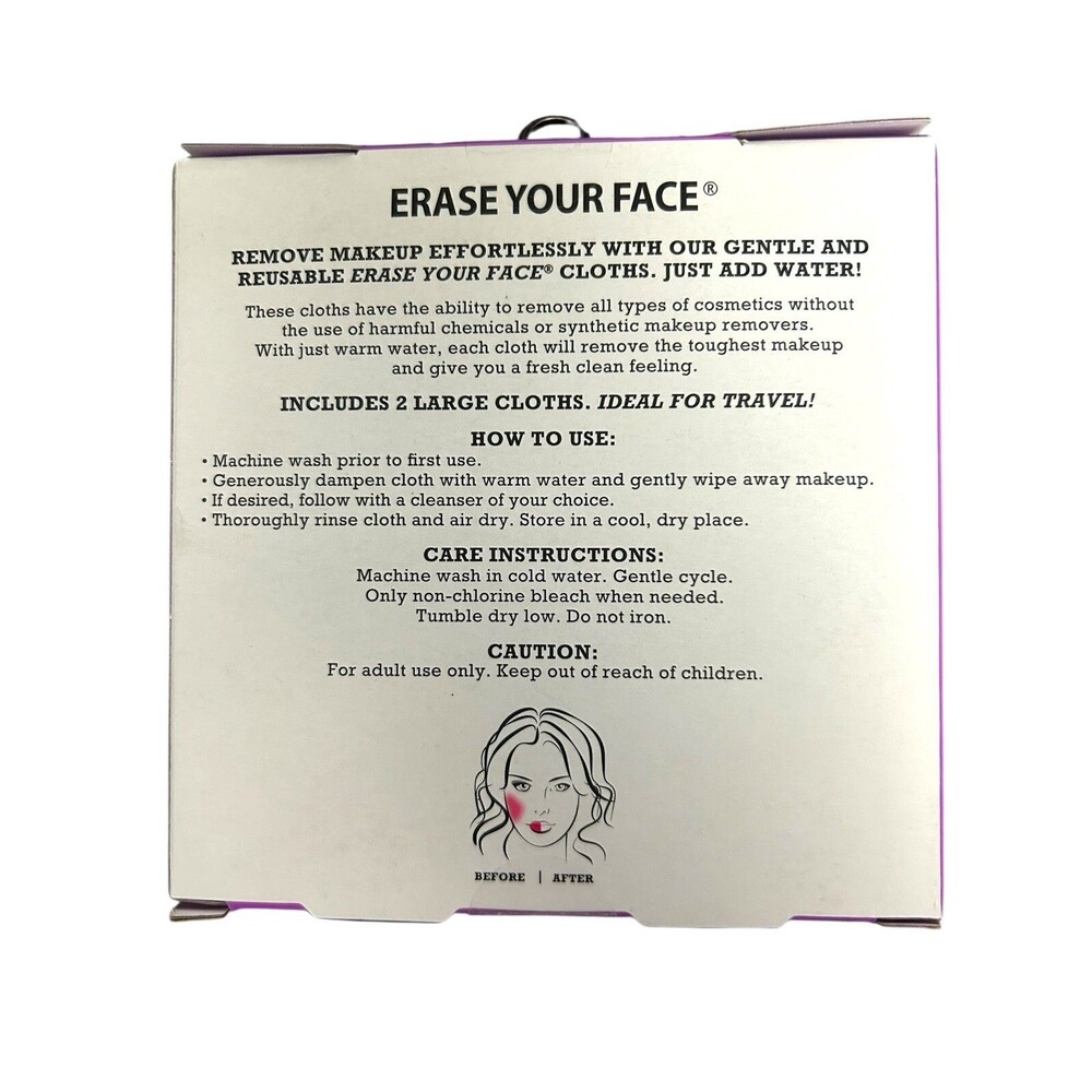 ERASE YOUR FACE Reusable Makeup Removing Cloths for Sensitive Skin, 2 Purple - Picture 2 of 3